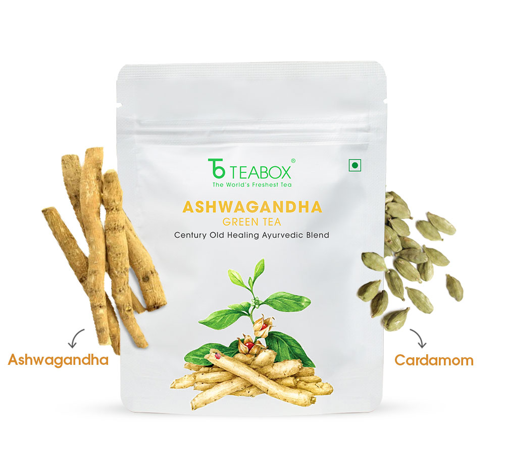 Ashwagandha green tea package with ashwagandha roots and cardamom pods.
