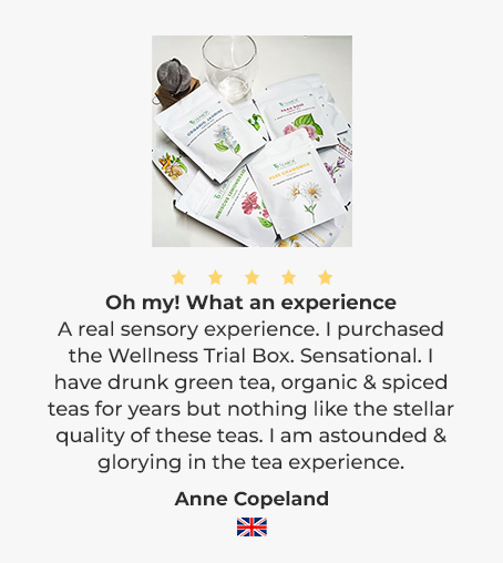 Tea packets and a glass with a customer review below.