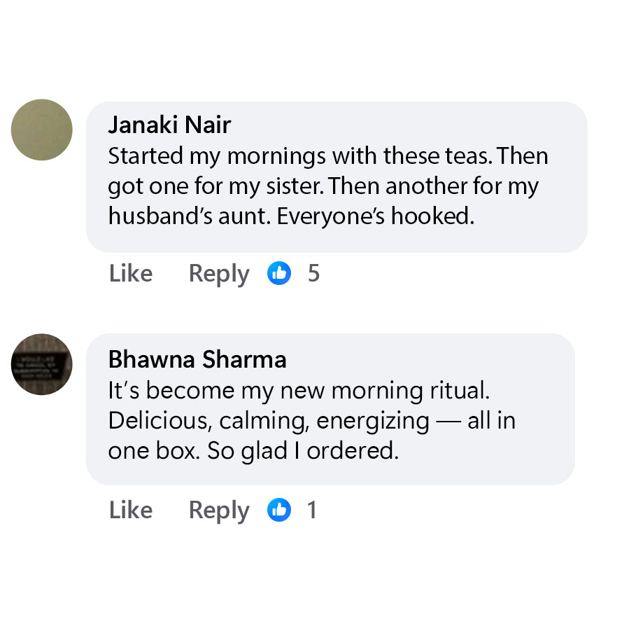Two social media comments praising a tea product.