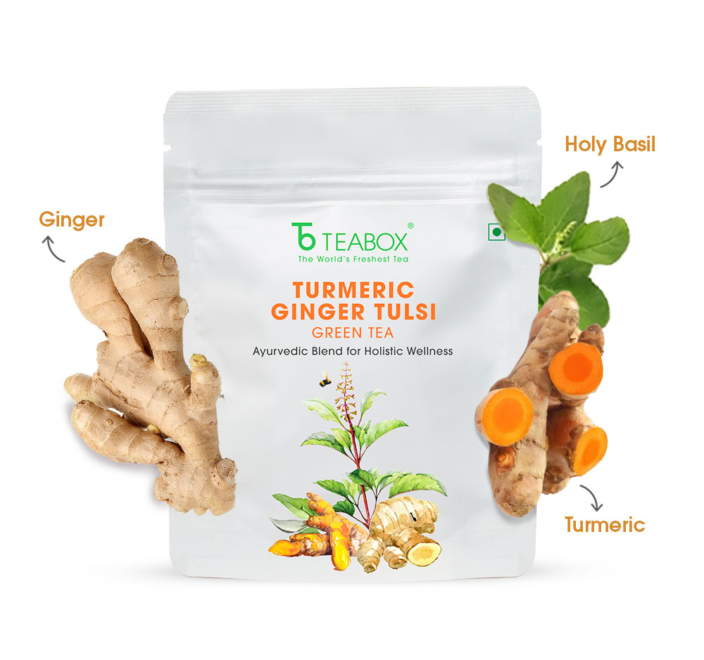 Teabox turmeric ginger tulsi green tea package with ginger, turmeric, and holy basil illustrations.