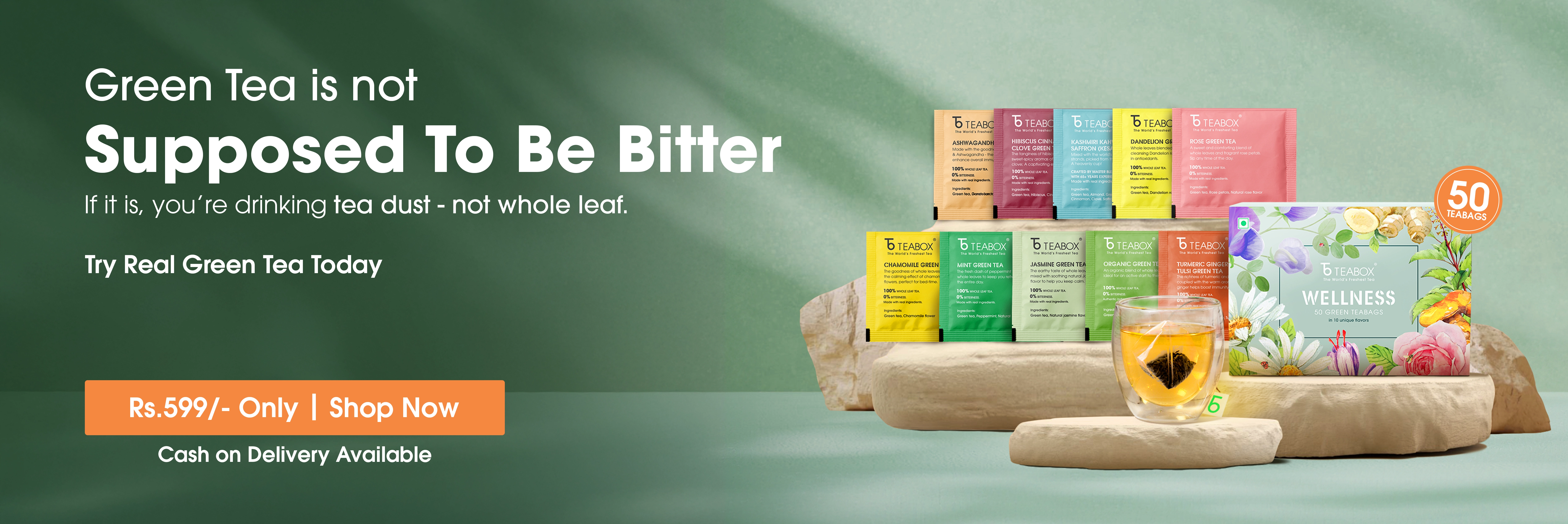 An advertisement for Teabox green tea, showing various flavored tea bags and a brewed glass of tea.