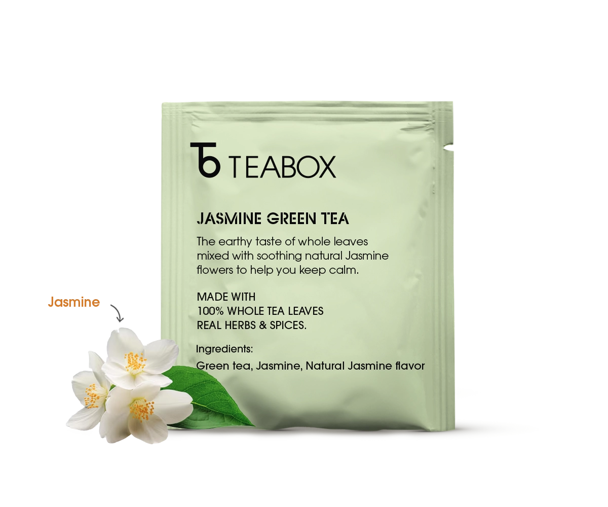 Packaging of Teabox Organic Jasmine Green Tea with jasmine flowers.