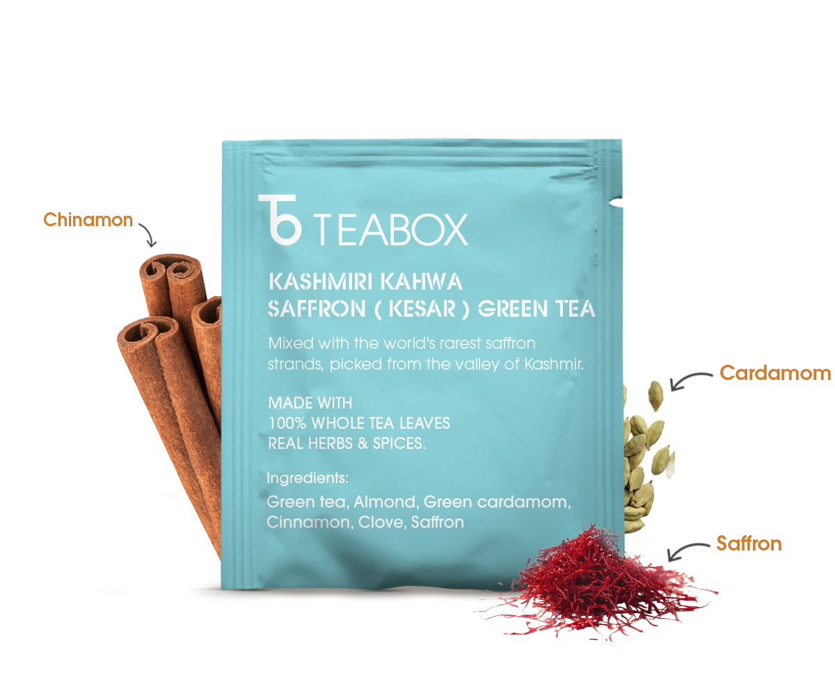 Packaging of Kashmiri Kahwa Saffron Green Tea surrounded by ingredients like cinnamon, cardamom, cloves, almonds, and saffron.