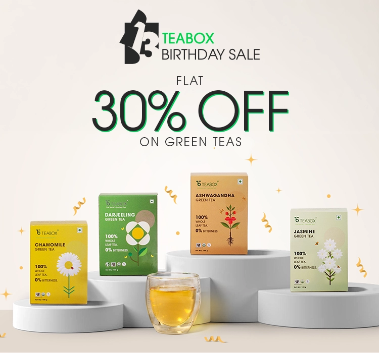 An advertisement for Teabox Birthday Sale, showing four boxes of green tea and a glass of tea.