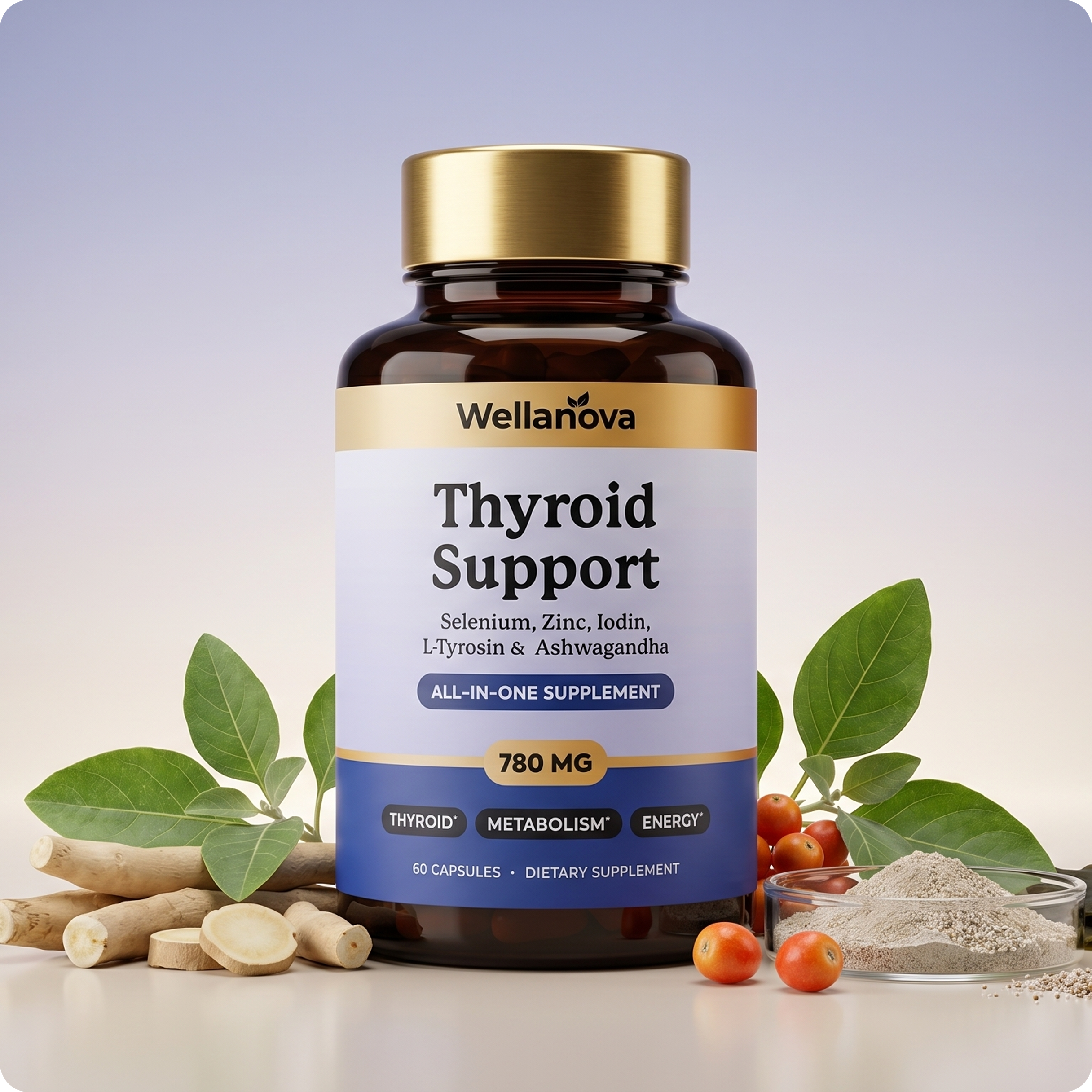 A bottle of Wellanova Thyroid Support supplement is surrounded by its raw ingredients like roots and berries.
