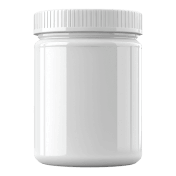 A blank, white plastic jar with a ribbed, screw-top lid against a white background.