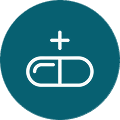 A circular teal icon with a white line drawing of a pill and a plus sign.