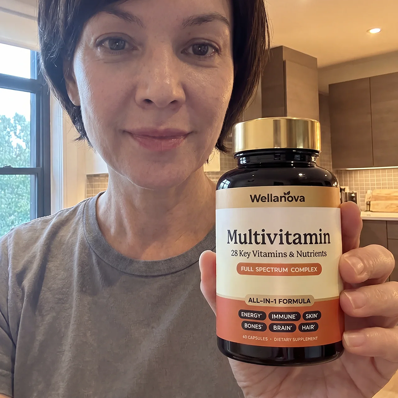 A woman with short dark hair holds a bottle of Wellanova Multivitamin supplements.