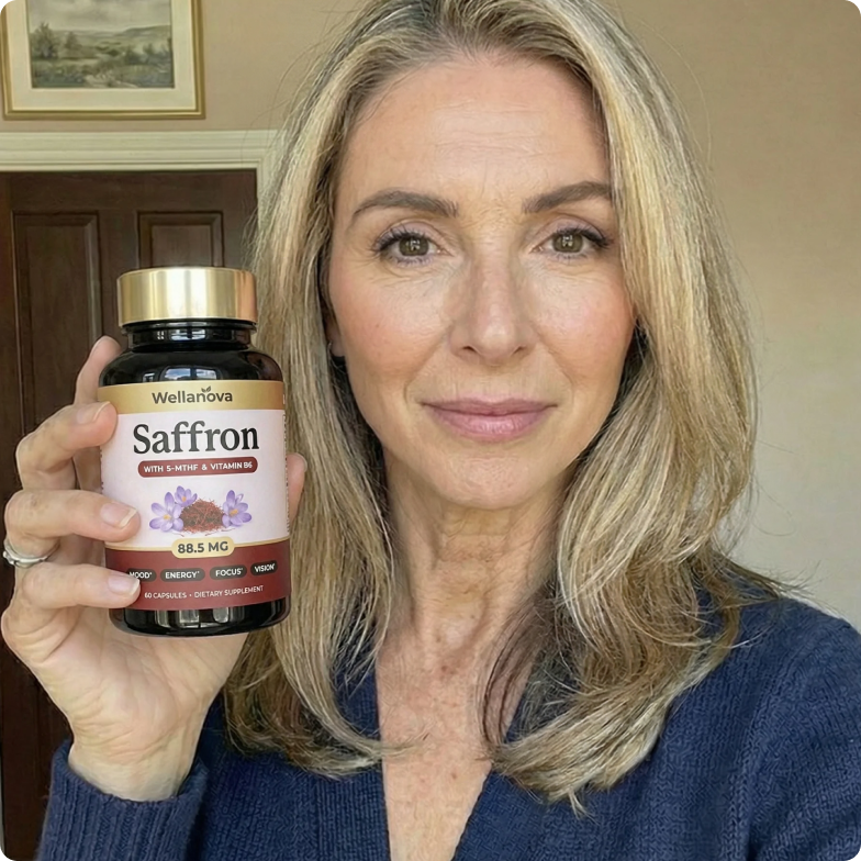 A smiling blonde woman holds up a white pouch of Cleantra Astaxanthin supplements.