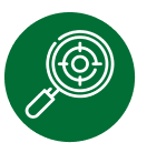 Icon of a magnifying glass over a target symbol, set inside a green circle.