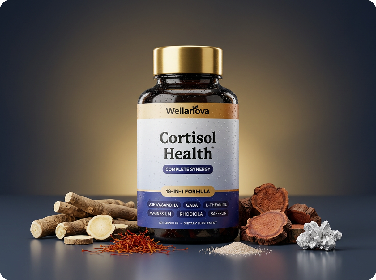 A bottle of Wellanova Cortisol Health dietary supplement surrounded by its raw ingredients like roots and saffron.