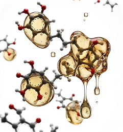 A scientific illustration of molecular structures coated in a dripping, amber-colored liquid against a white background.
