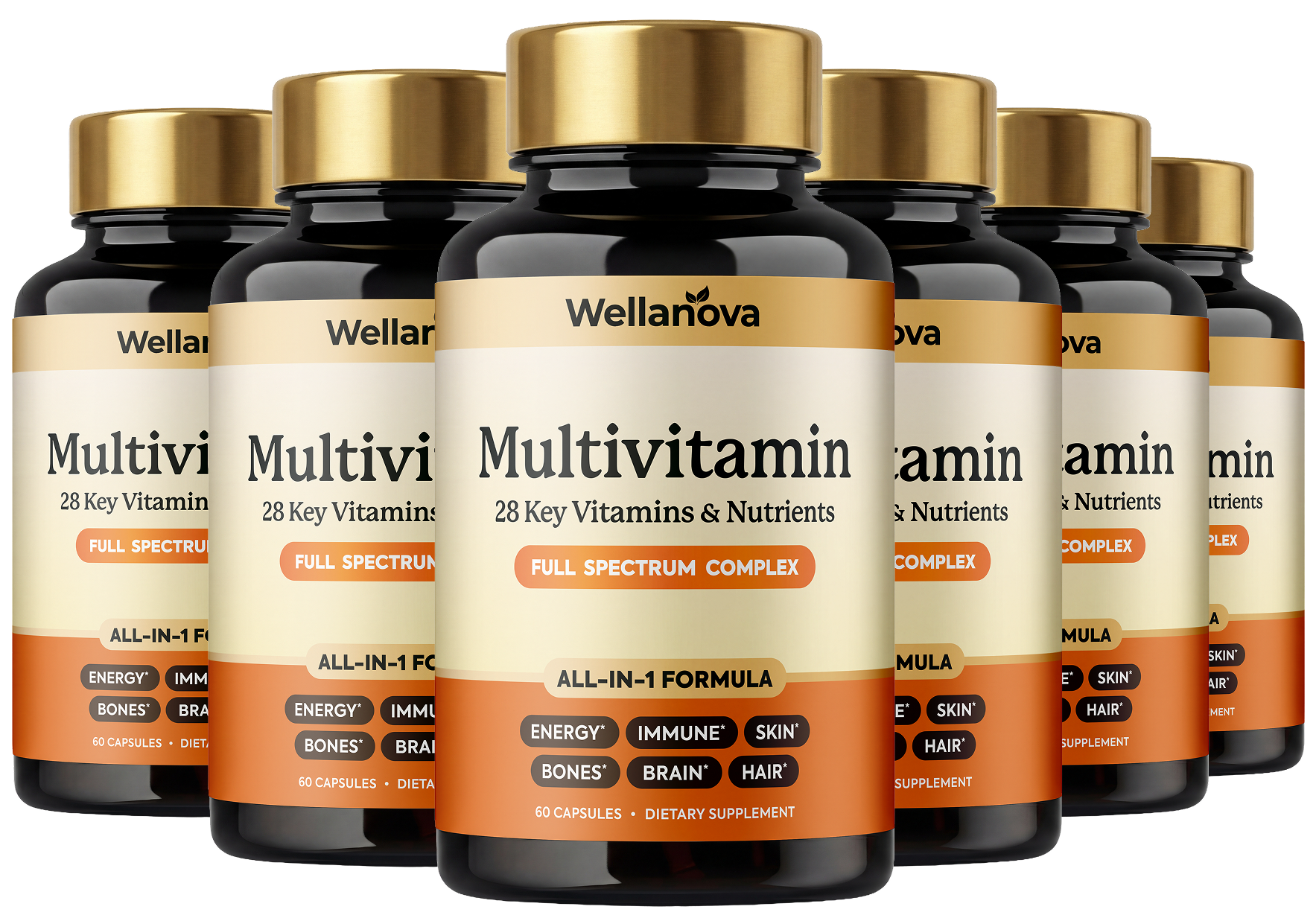 A group of six Wellanova Multivitamin supplement bottles arranged in a V-shape against a white background.