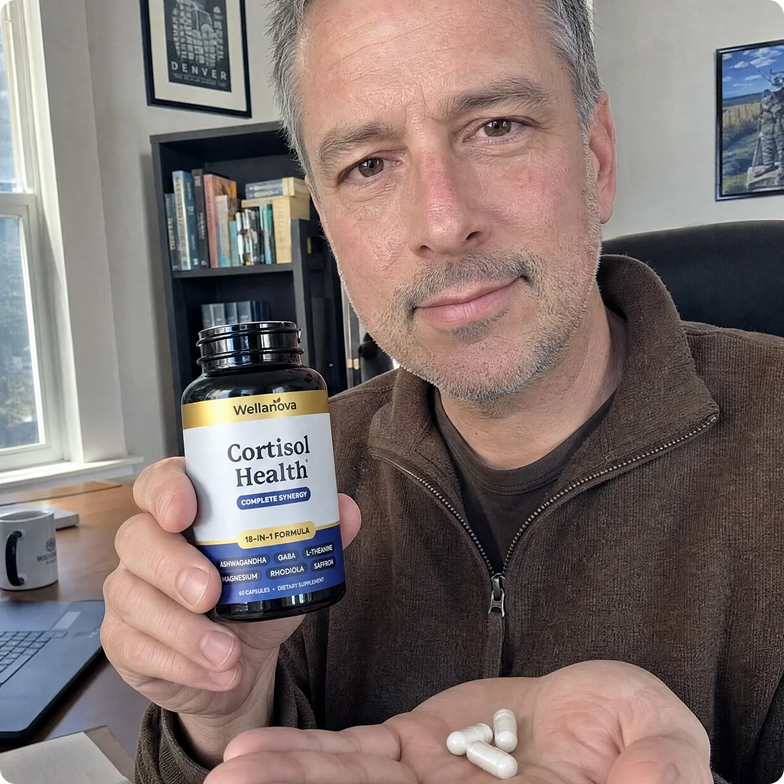 A man holds a bottle of Wellanova Cortisol Health supplements and shows several white capsules in his hand.