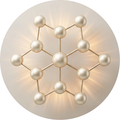 A geometric structure of pearl-like spheres and gold rods on a circular, backlit mount.