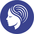 A white icon of a woman's profile with stylized hair inside a blue circle.