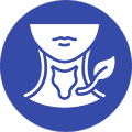 A white icon of a human neck, larynx, and a leaf inside a blue circle.