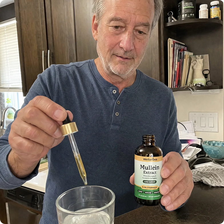 A man in a kitchen puts drops of Mullein Extract from a bottle into a glass of water.