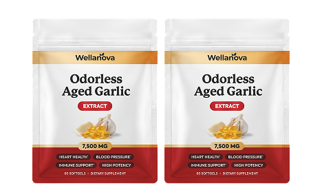 Two pouches of Wellanova Odorless Aged Garlic Extract dietary supplement on a white background.
