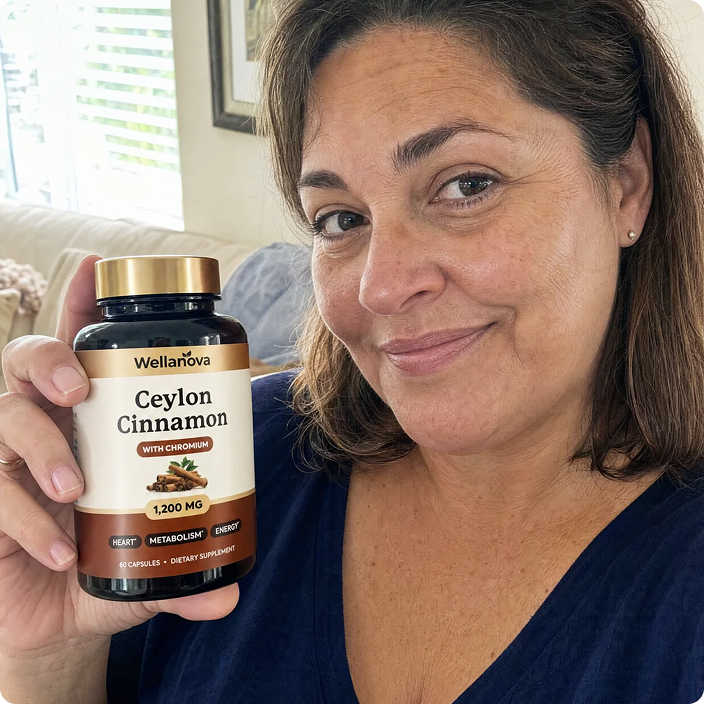 A woman smiles while holding a bottle of Wellanova Ceylon Cinnamon with Chromium dietary supplements in her hand.
