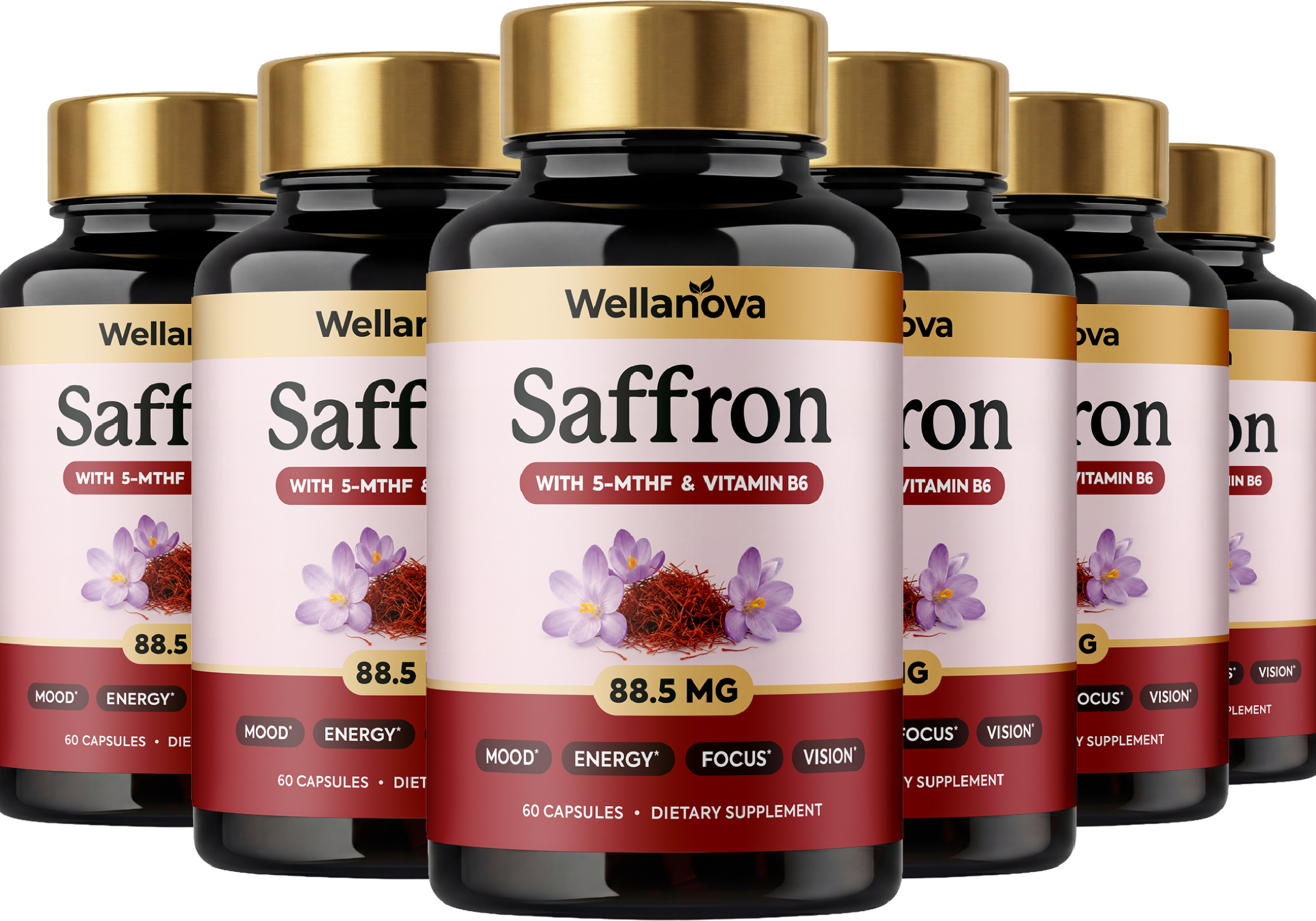 A group of six bottles of Wellanova Saffron dietary supplement arranged in two rows against a white background.