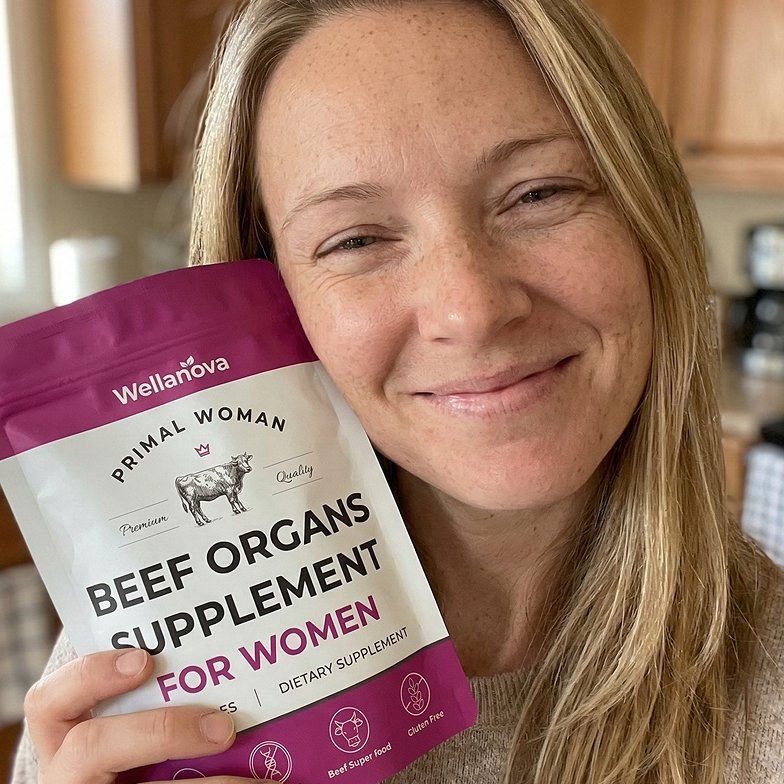 A smiling blonde woman holds up a white pouch of Cleantra Astaxanthin supplements.