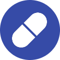 A white pill icon inside a solid blue circle.