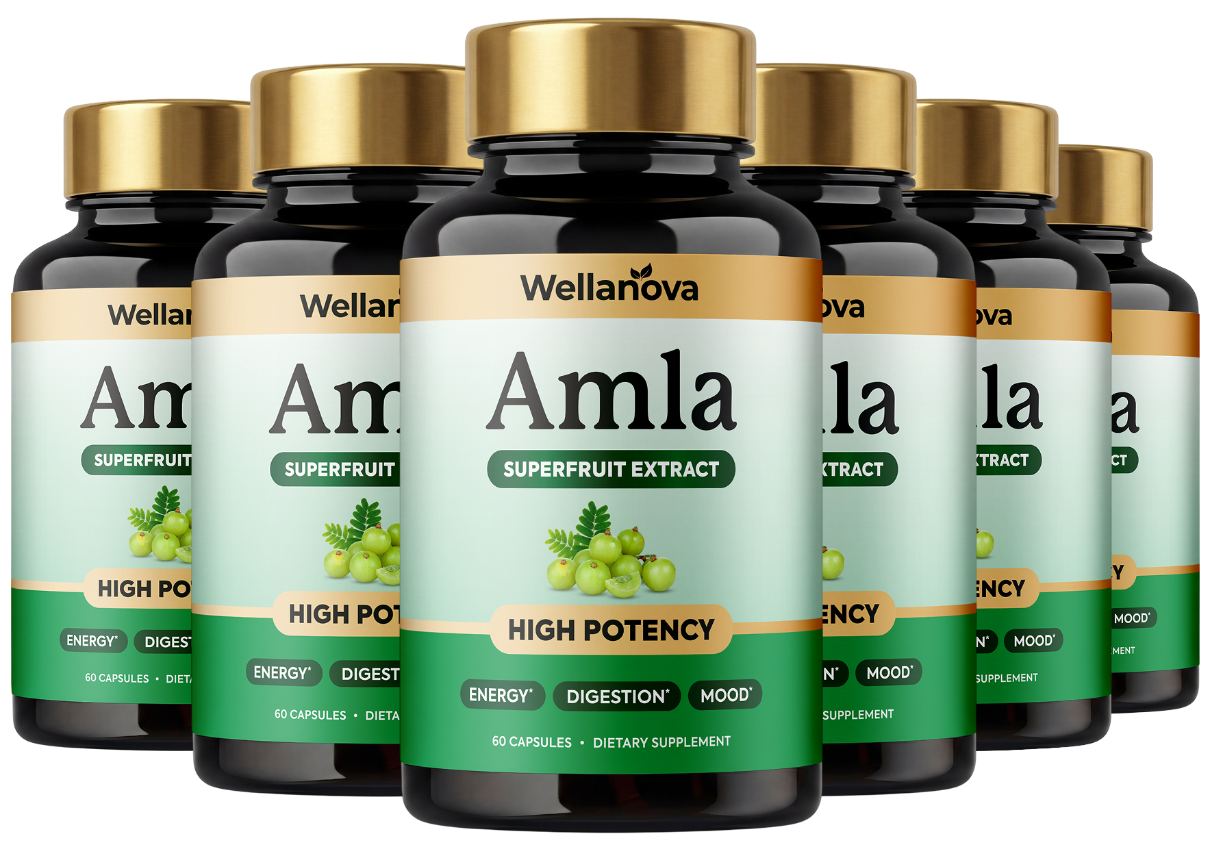 Six bottles of Wellanova Amla Superfruit Extract supplement lined up against a white background.