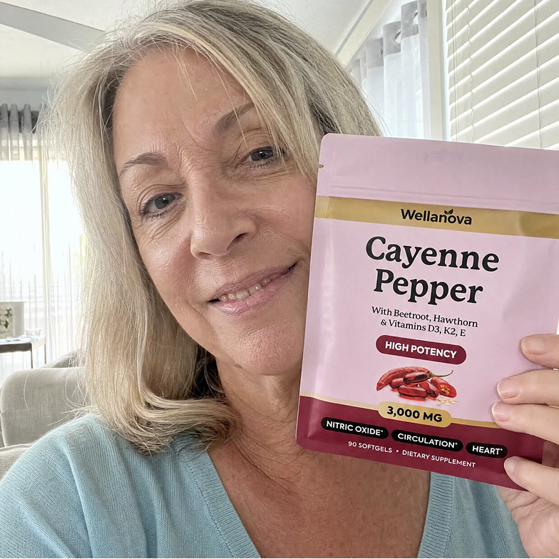 A smiling woman with blonde hair holds a pink pouch of Wellanova Cayenne Pepper dietary supplement.