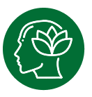 A white line icon of a person's head with a lotus flower inside, on a green background.