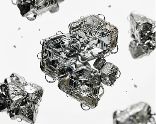 A close-up of shiny, silver-colored, geometric crystals covered in water droplets against a white background.
