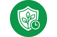 Green circular icon with a white shield containing a plant, and a clock symbol.