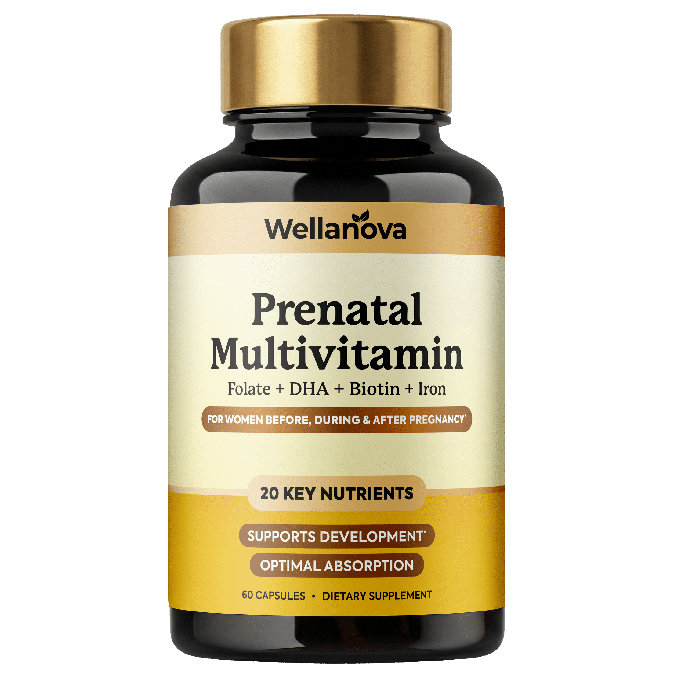 A bottle of Wellanova Prenatal Multivitamin dietary supplement against a white background.