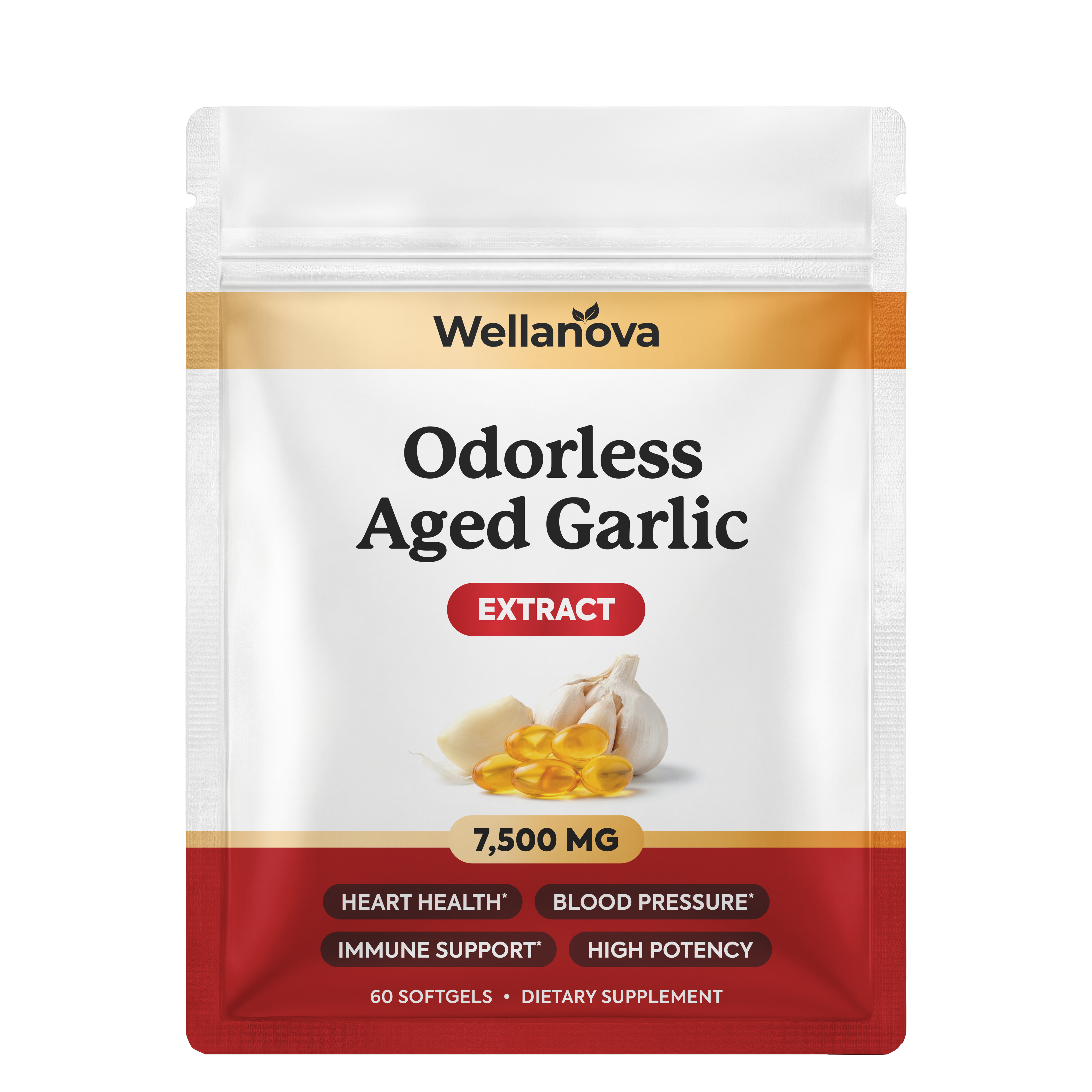 A pouch of Wellanova Odorless Aged Garlic Extract, showing garlic cloves and softgel capsules on the label.