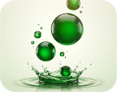 Several glossy green spheres floating above a splash of green liquid against a light background.
