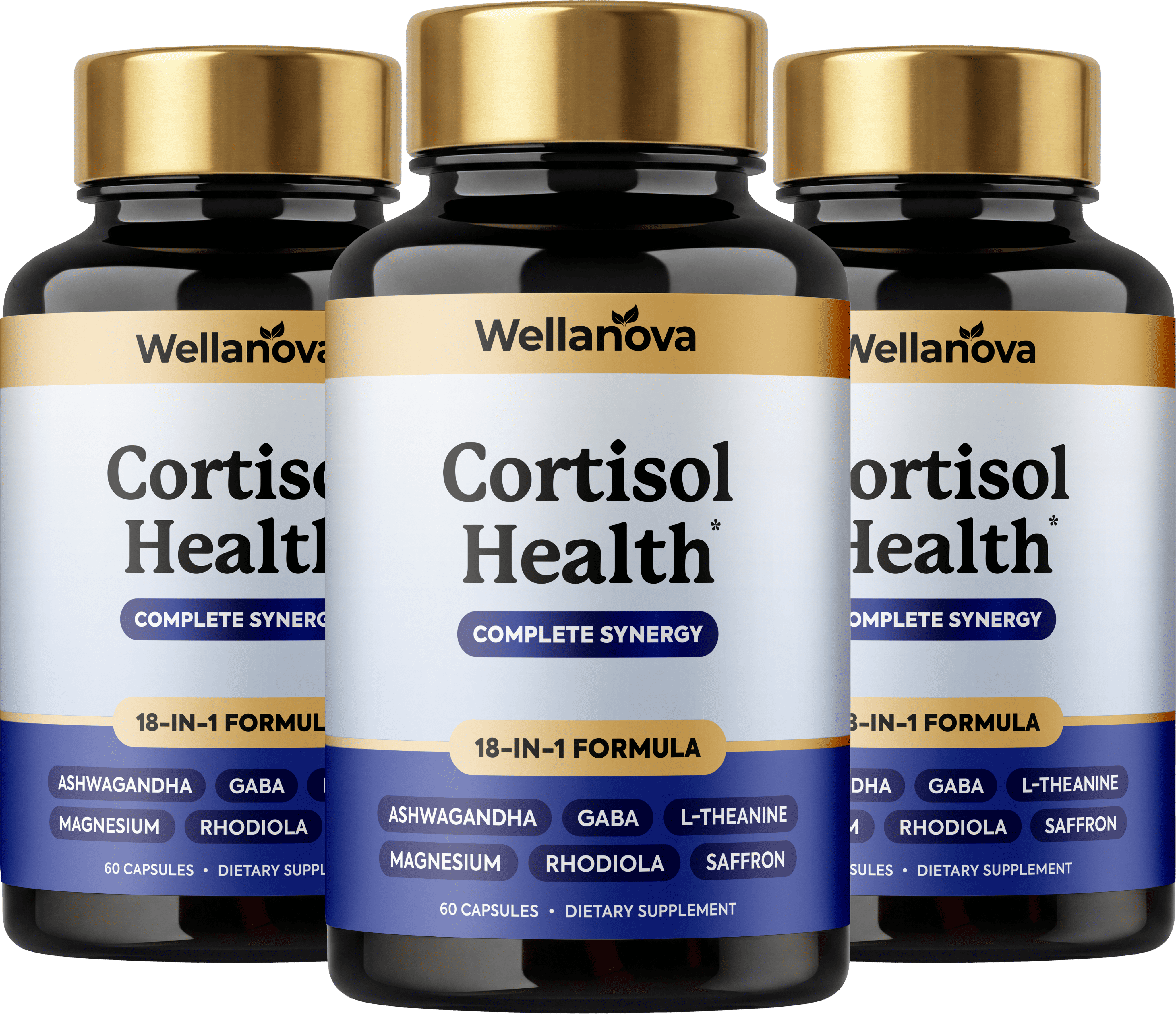 Three bottles of Wellanova Cortisol Health dietary supplement arranged in a row against a white background.
