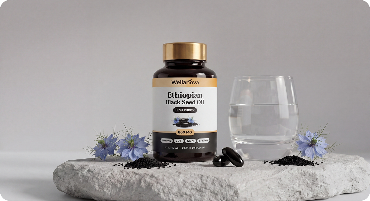 A bottle of Ethiopian Black Seed Oil on a stone with black seeds, softgels, flowers, and a glass of water.