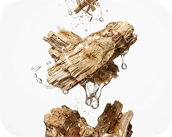 Water splashing and dripping on splintered pieces of wood against a white background.