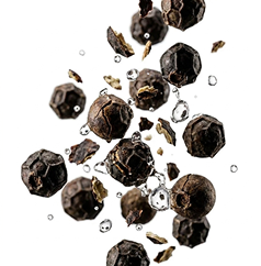 A close-up of whole and cracked black peppercorns with water splashes, isolated on a white background.