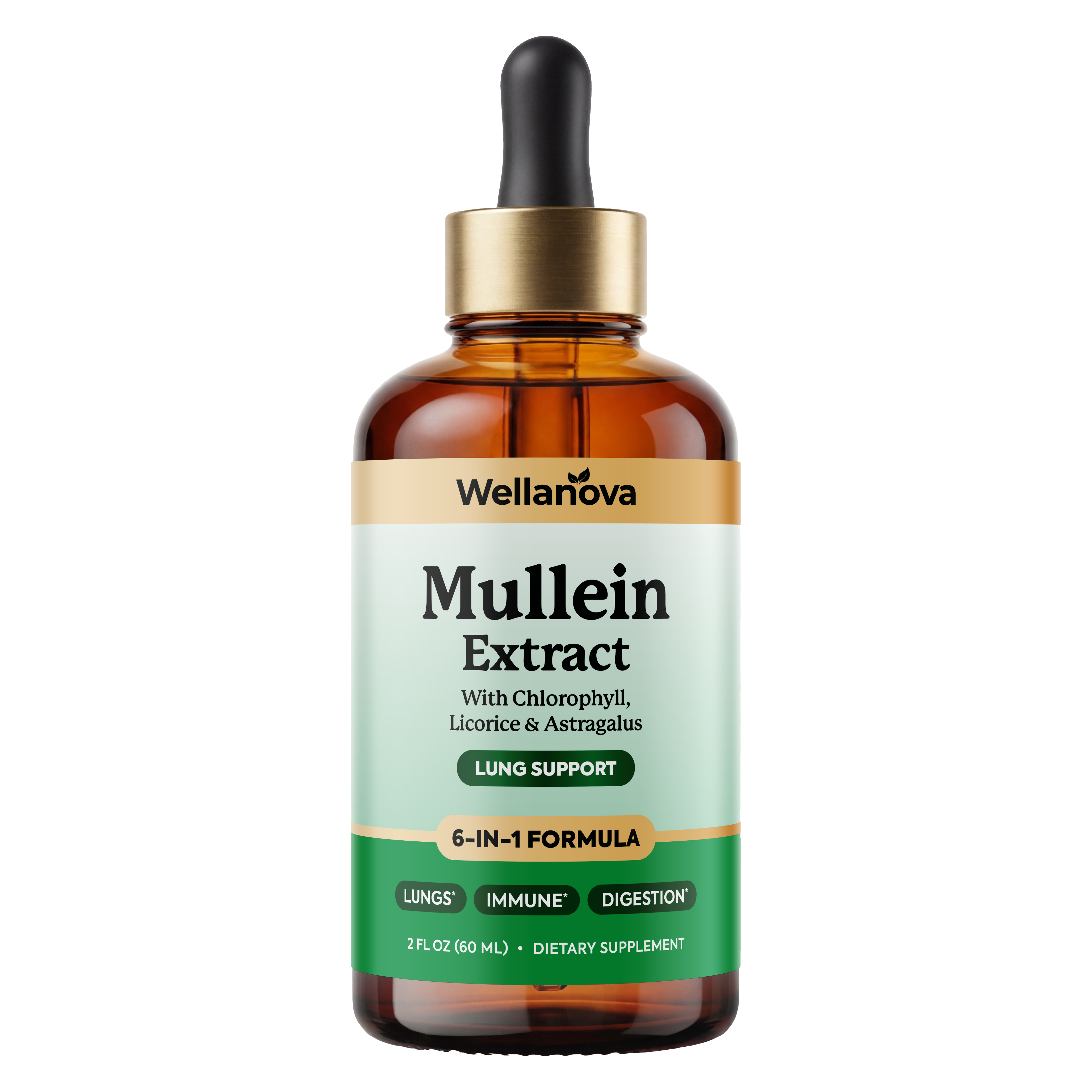 A brown dropper bottle of Wellanova Mullein Extract dietary supplement against a white background.