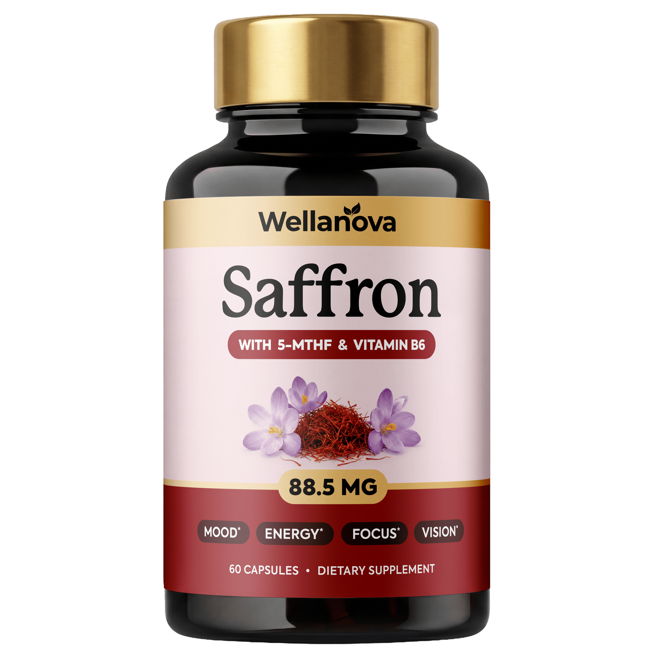 A bottle of Wellanova Saffron dietary supplement with 5-MTHF & Vitamin B6 against a white background.