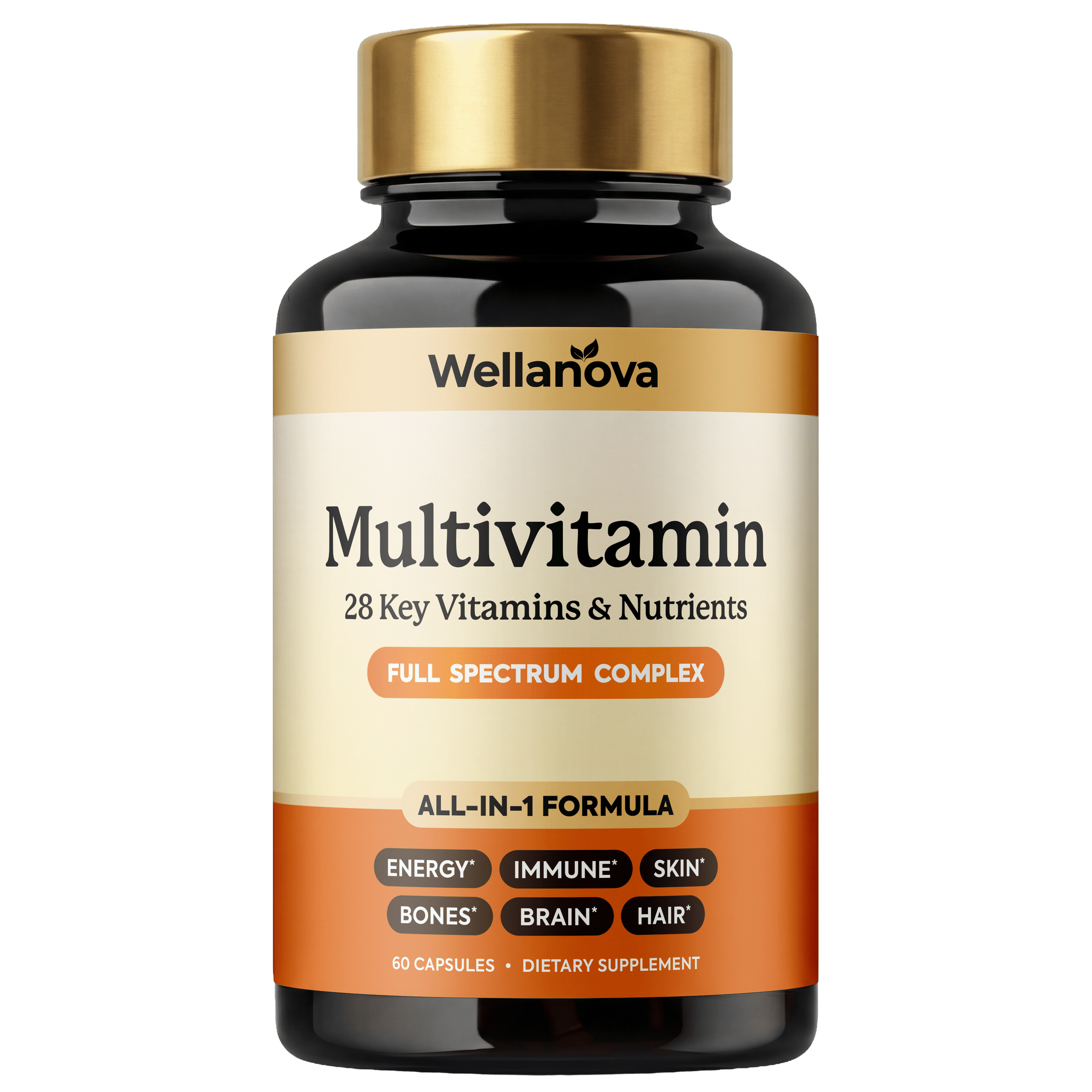 A bottle of Wellanova Multivitamin dietary supplement with a gold cap, against a white background.