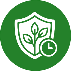 A white icon on a green background depicting a shield protecting a plant, with a clock.