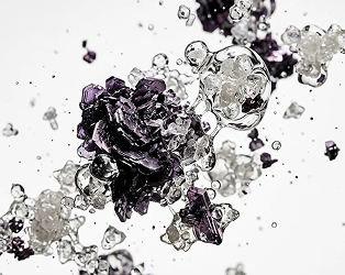 A close-up of purple and clear crystalline structures floating against a white background.