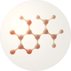 A stylized 3D rendering of a molecule with a ring and chain structure inside a light-colored sphere.