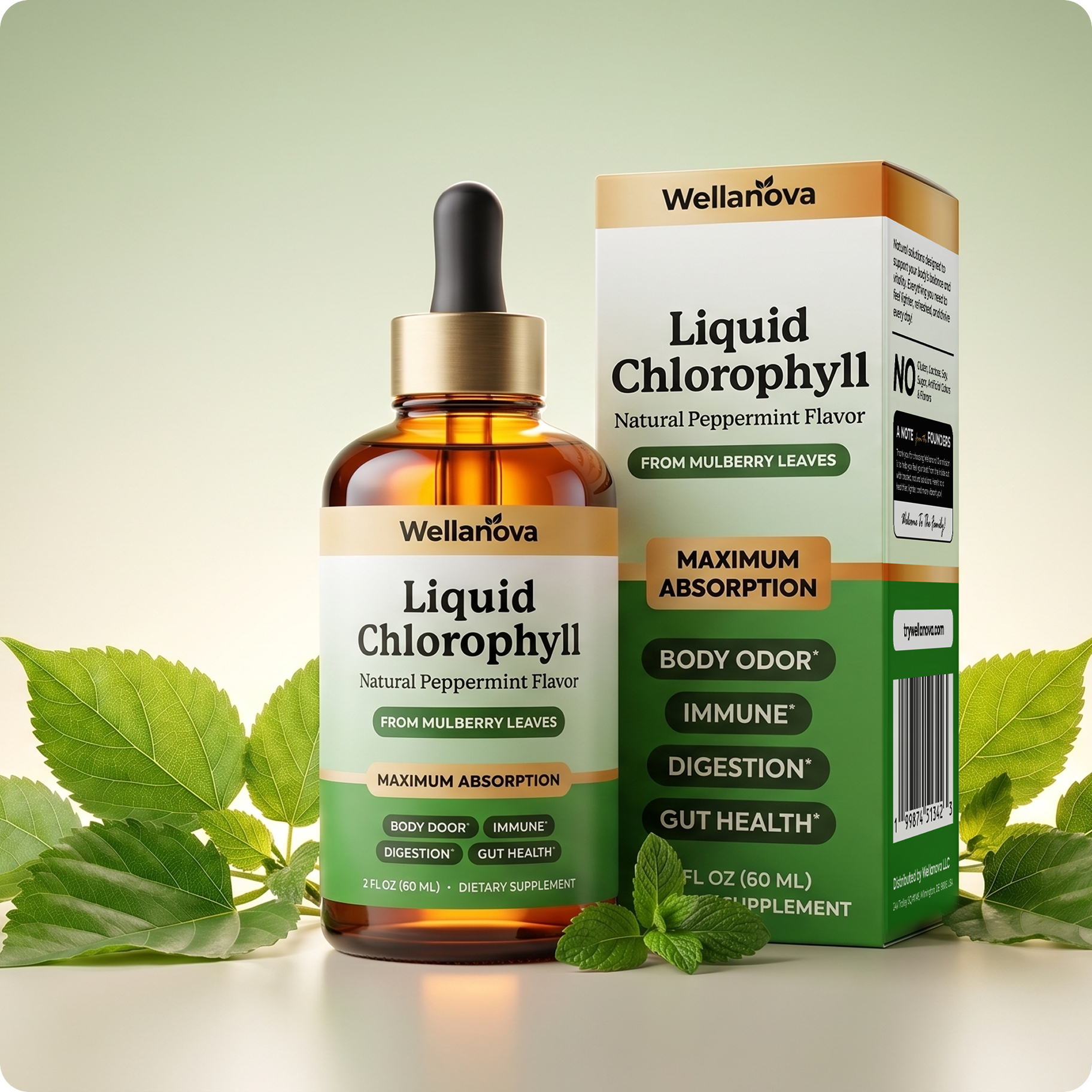 A bottle and box of Wellanova Liquid Chlorophyll supplement, surrounded by fresh green leaves on a plain background.