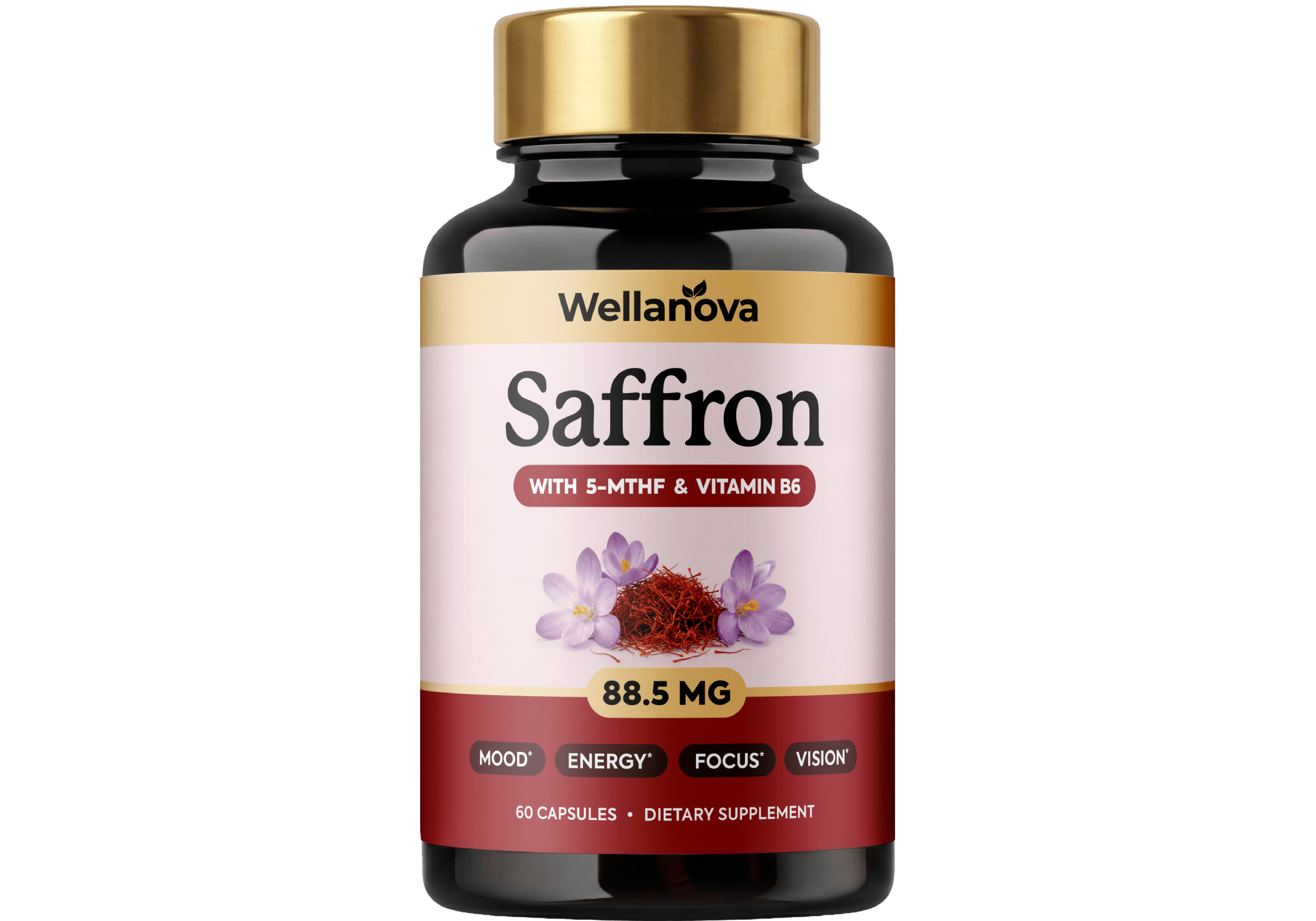 A bottle of Wellanova Saffron dietary supplement with 5-MTHF & Vitamin B6 against a white background.