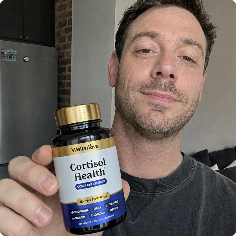 A man in a dark sweatshirt holds up a bottle of Wellanova Cortisol Health supplements.