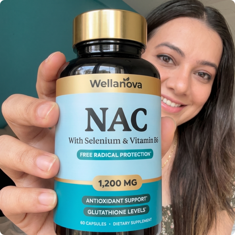 A smiling woman holds up a bottle of Wellanova NAC dietary supplement to the camera.