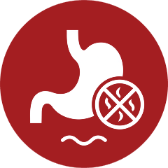 A white icon of a stomach and a crossed-out smell symbol inside a red circle.